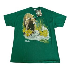 Vintage 90s NWT Harlequin Nature Alaska Bear Single Stitch T shirt Size XL Green